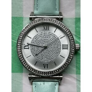 Studio Time Silver Tone Rhinestone Bezel Blue Band Women’s Quartz Watch